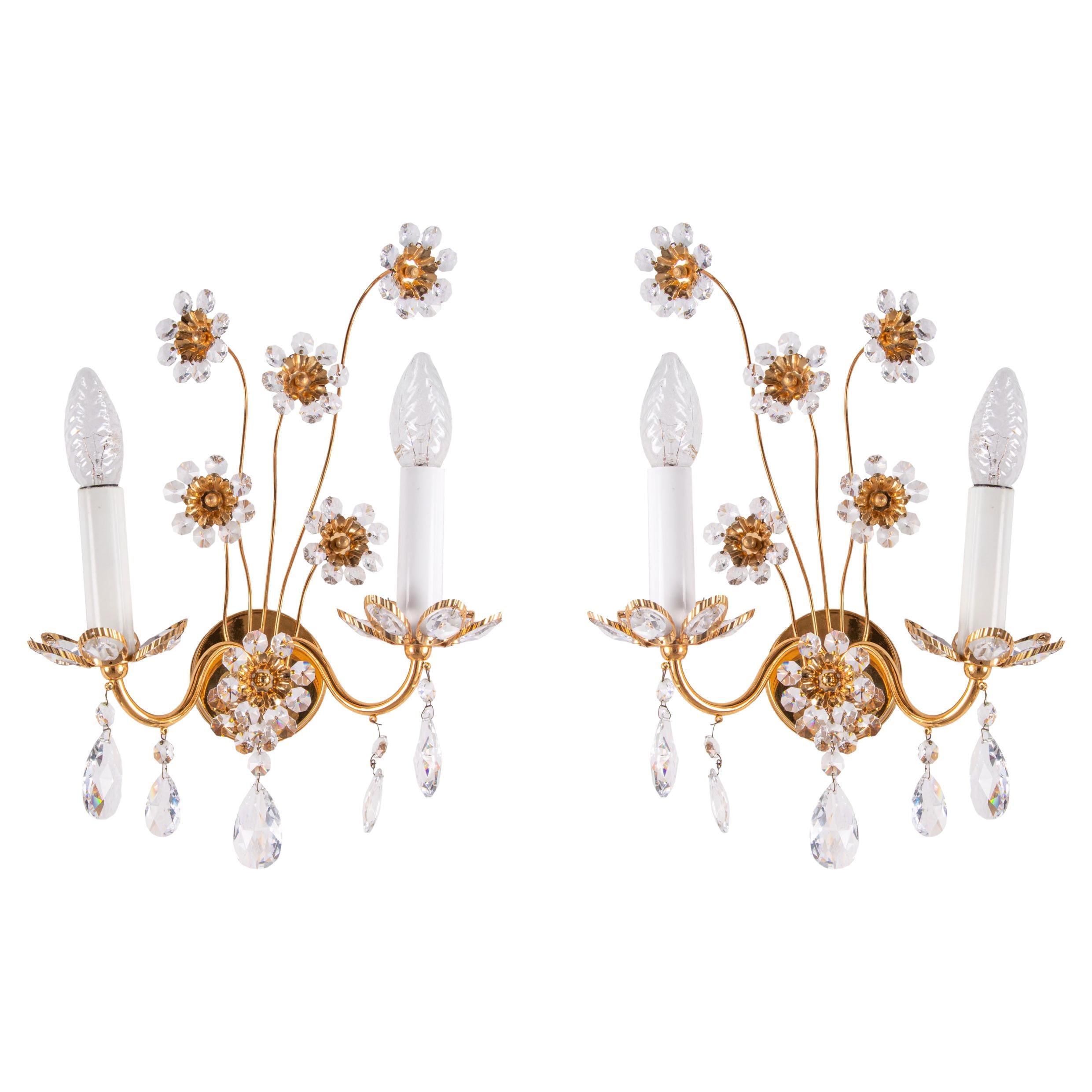 Pair of Flourish Jewel Wall Sconces Crystal & Gilt-Brass by Palwa, Germany 1960s For Sale 1