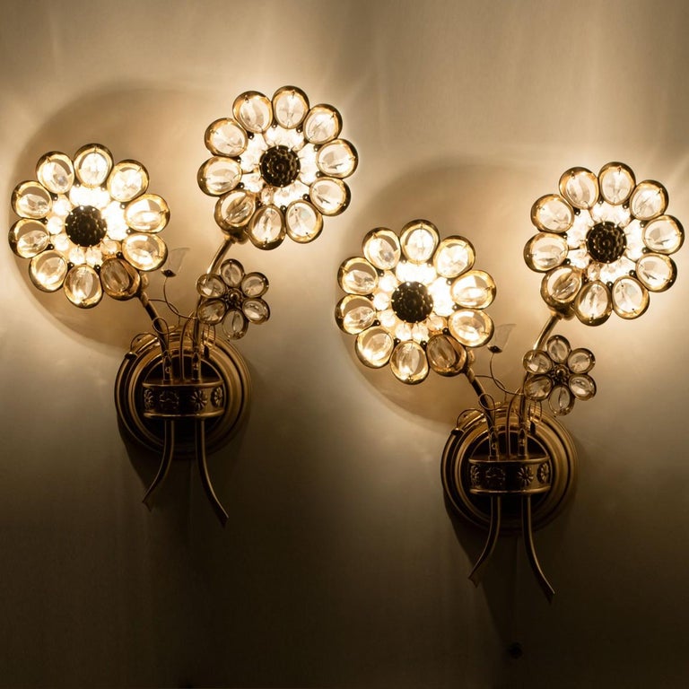 Pair of Flower Crystal and Brass Wall Lights or Sconces by Palwa