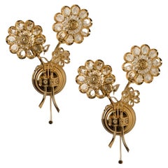 Pair of Flower Crystal and Brass Wall Lights or Sconces by Palwa, Germany