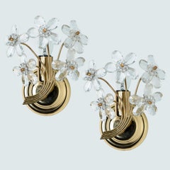 Pair of Flower Crystal and Gold Wall Light by Palwa, 1960s, Germany