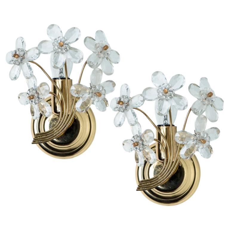 Pair of Flower Crystal and Gold Wall Light by Palwa, 1960s, Germany