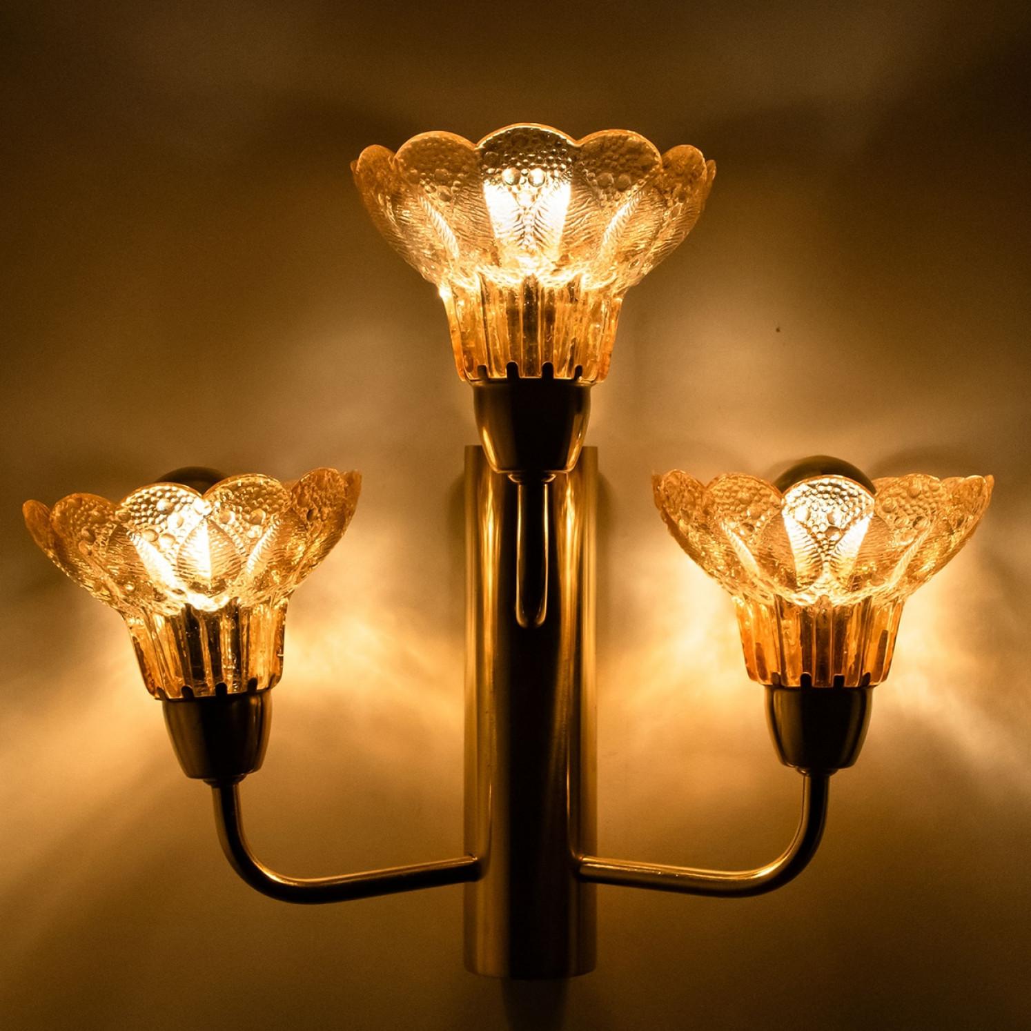 Paar Wandleuchter aus Blumenglas und Messing, Deutschland, 1960er Jahre im Angebot 7