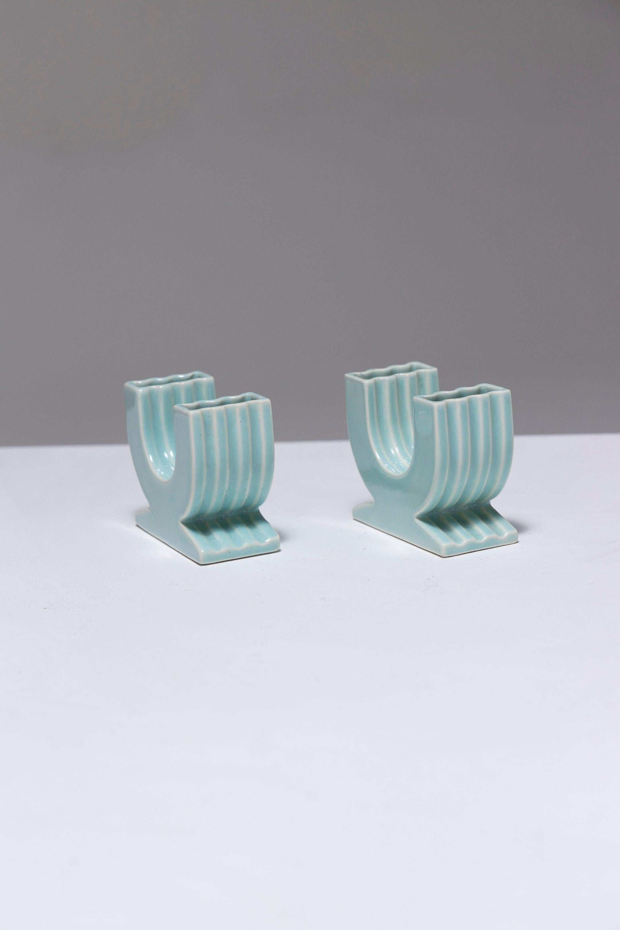 Art Deco Pair of Flower Holders in Earthenware, Robj, 1930s