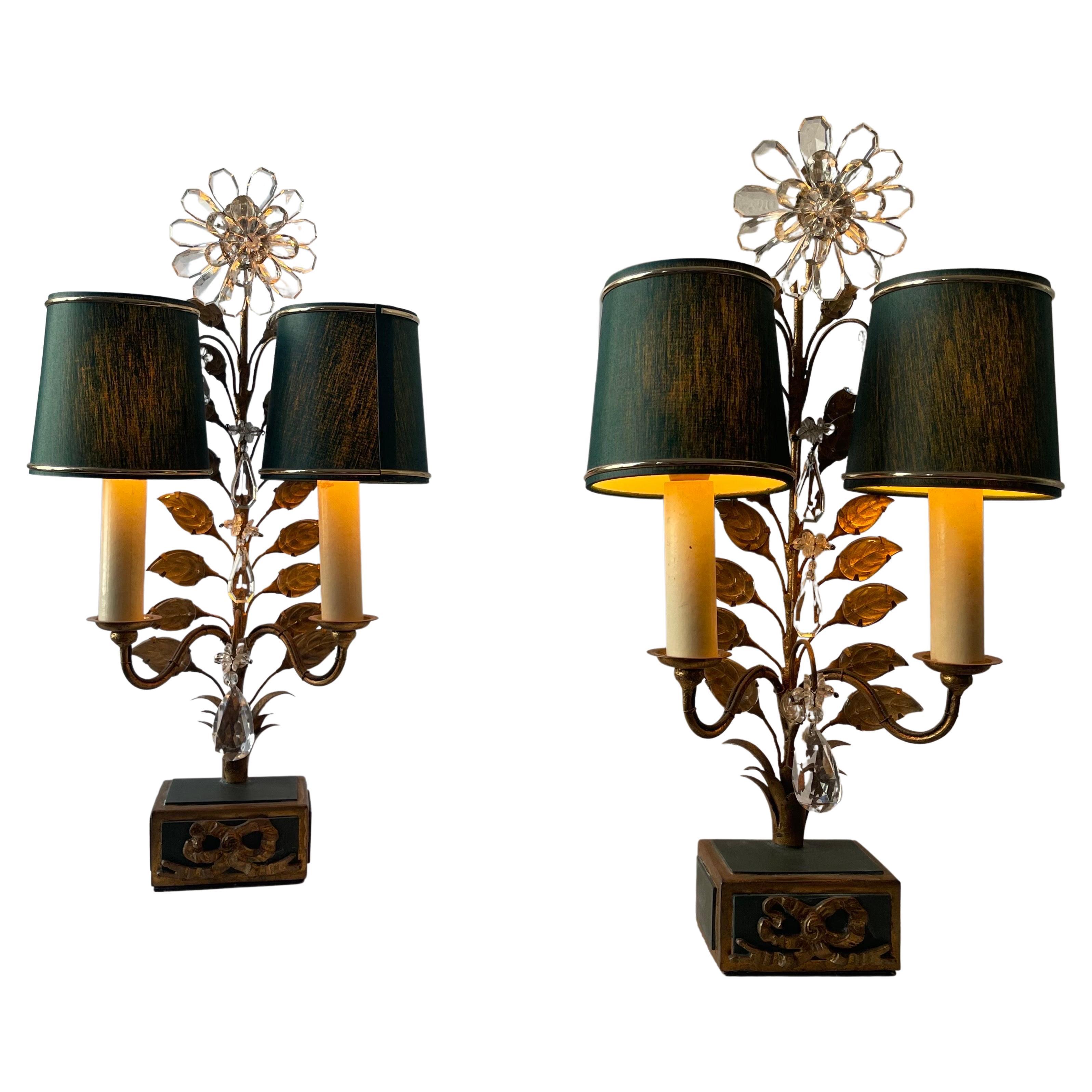 A beautiful pair of gilt iron and crystal table lamps attr. to Maison Baguès, Paris, circa 1930s.
Socket: each two x E14 for standard screw bulbs.
Newly rewired with a dimmer.
In an excellent condition.

