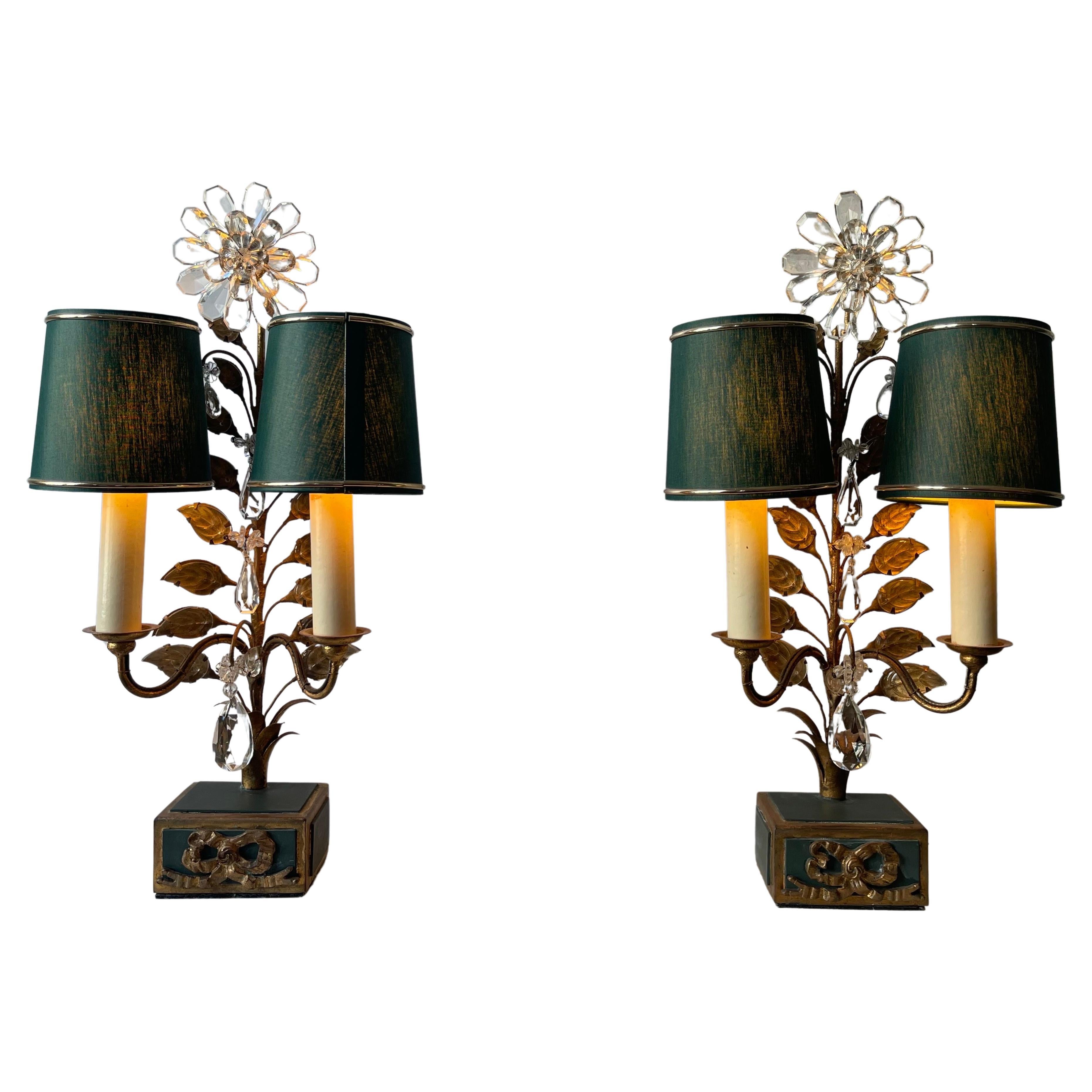 Crystal Pair of Flower Leaves Table Lamps Attr. to Maison Baguès, Paris, circa 1930s For Sale