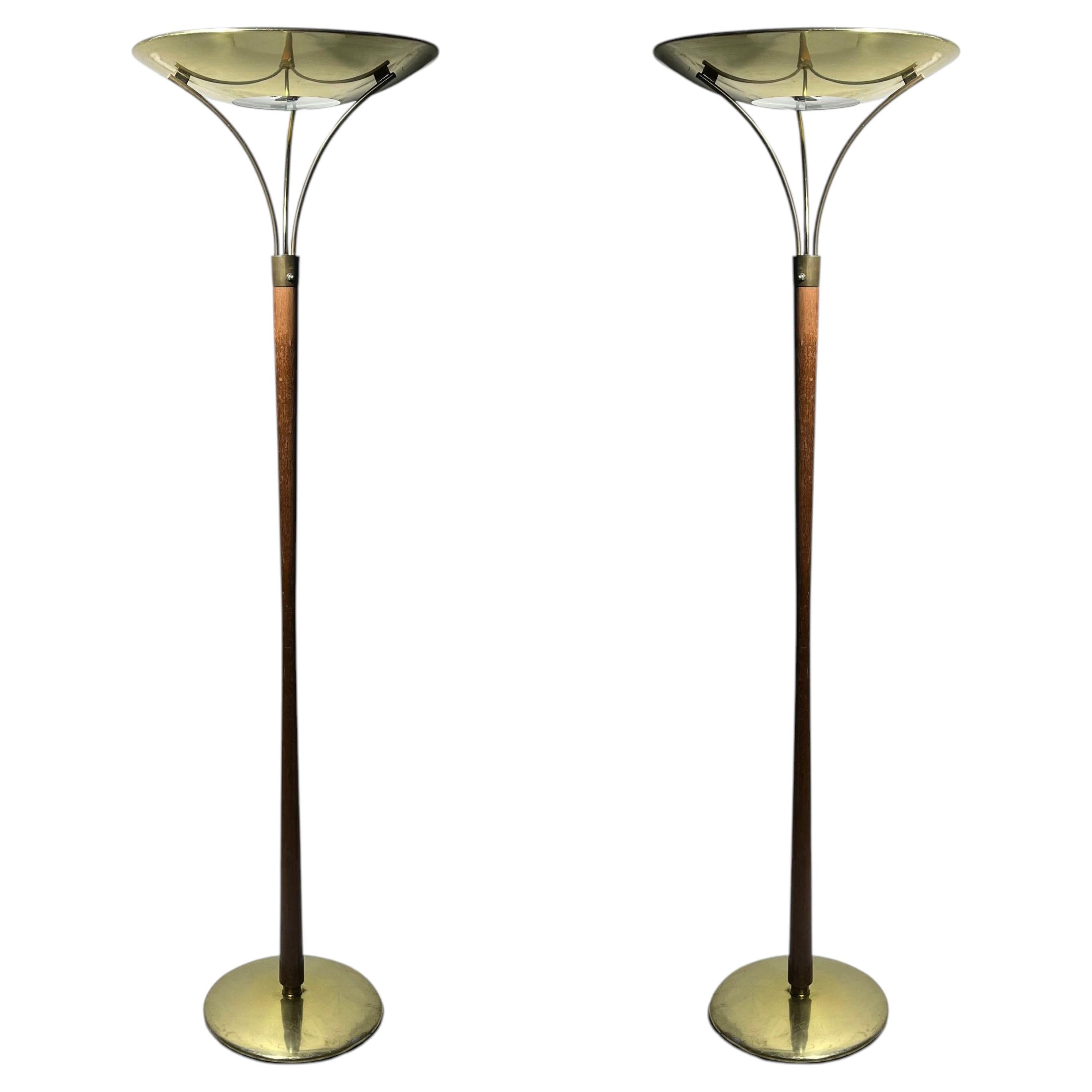 Pre-owned Lightolier Pair Of Flower Like Vintage Gerald Thurston Torchiere Floor Lamps In Brown