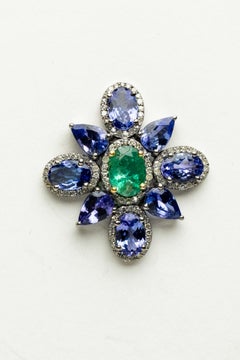 Pair of Flower Motif Stud Earrings with Diamonds, Emeralds & Tanzanite Gemstones