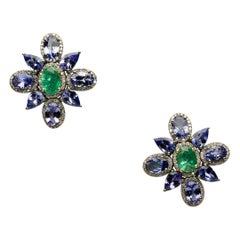 Pair of Flower Motif Stud Earrings with Diamonds, Emeralds & Tanzanite Gemstones