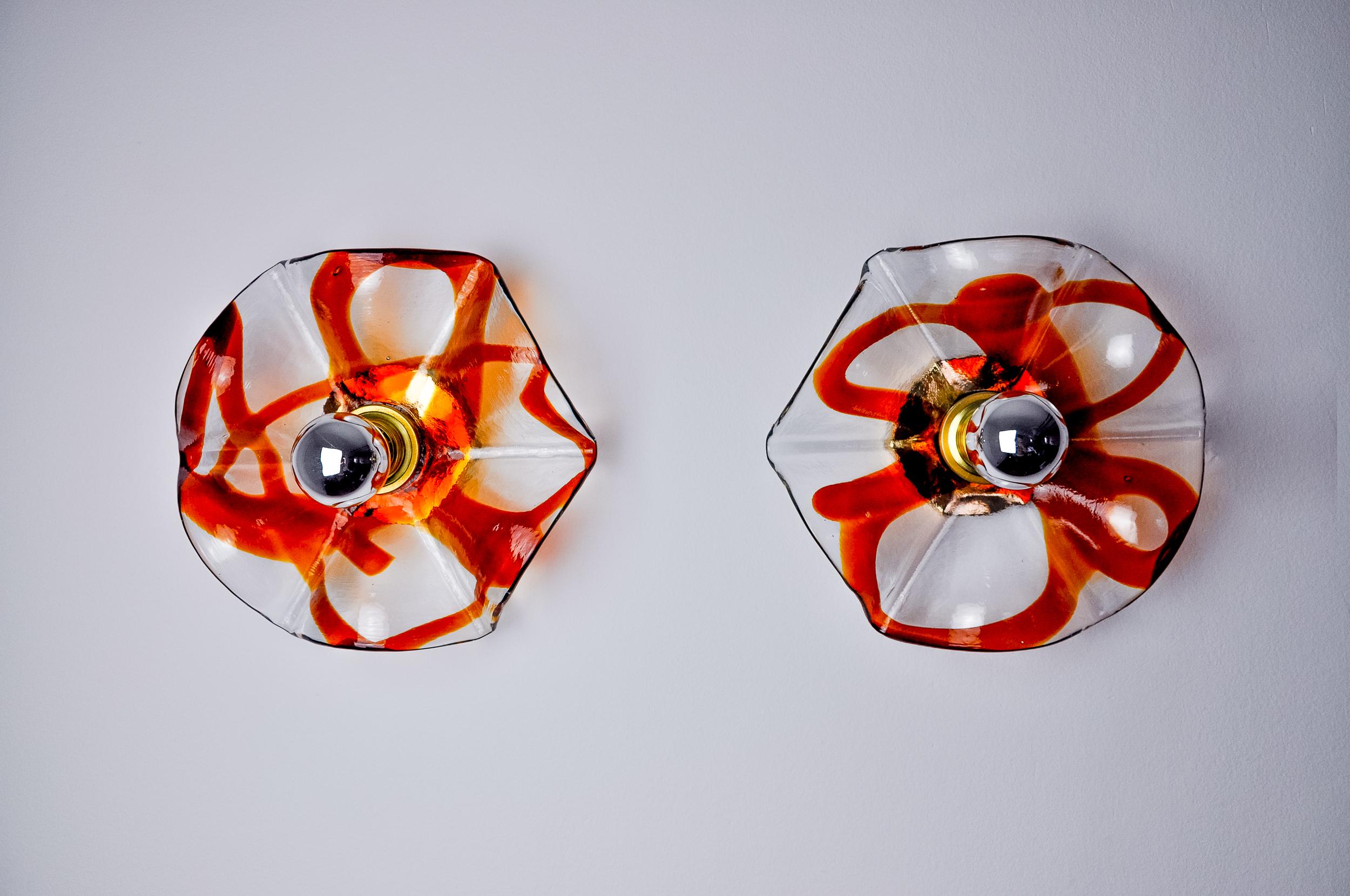 Pareja de apliques florales de La Murina, cristal de Murano naranja, Italia, 1970 Regencia de Hollywood en venta