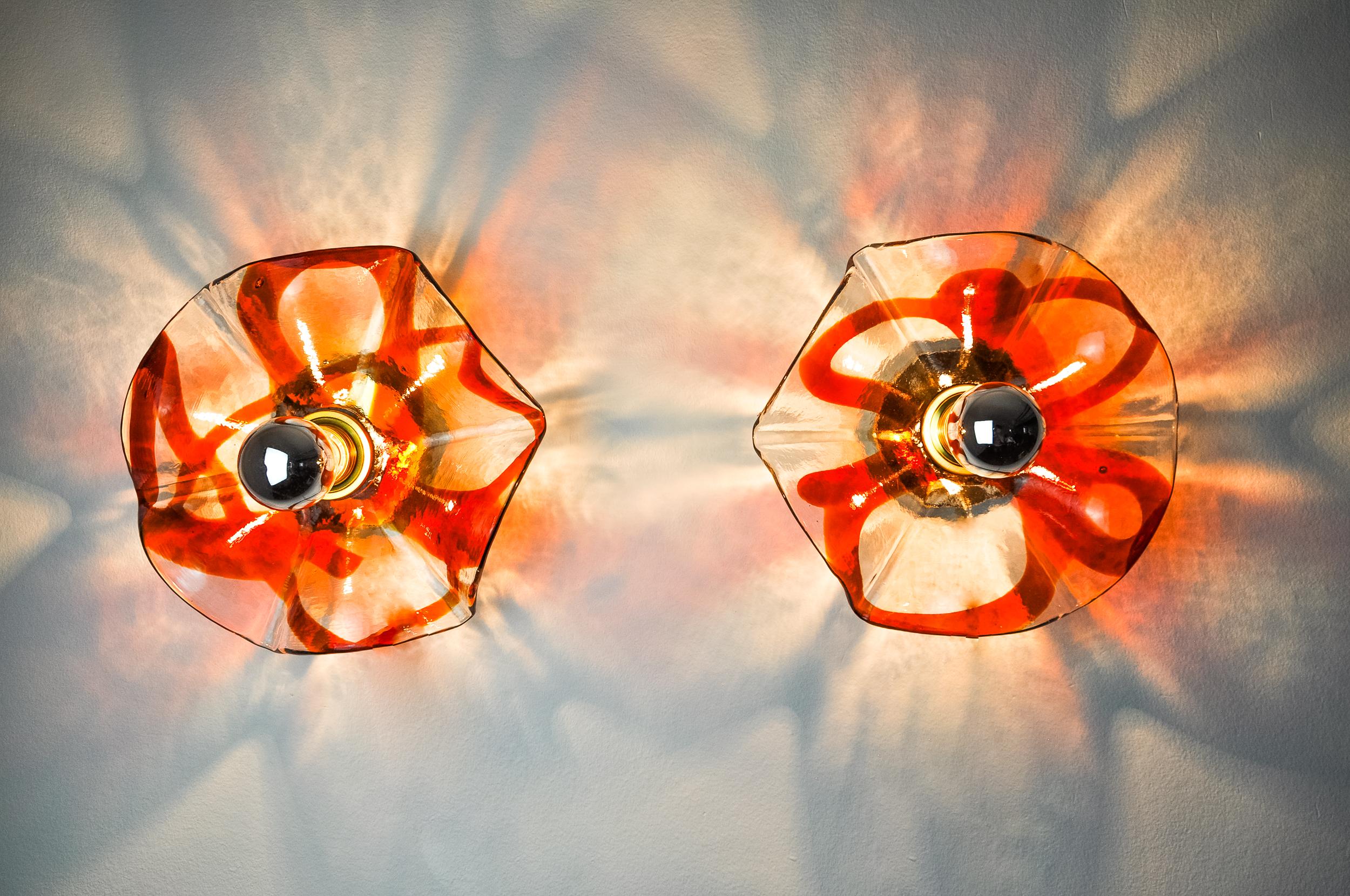 Pareja de apliques florales de La Murina, cristal de Murano naranja, Italia, 1970 en Bueno estado para la venta en BARCELONA, ES