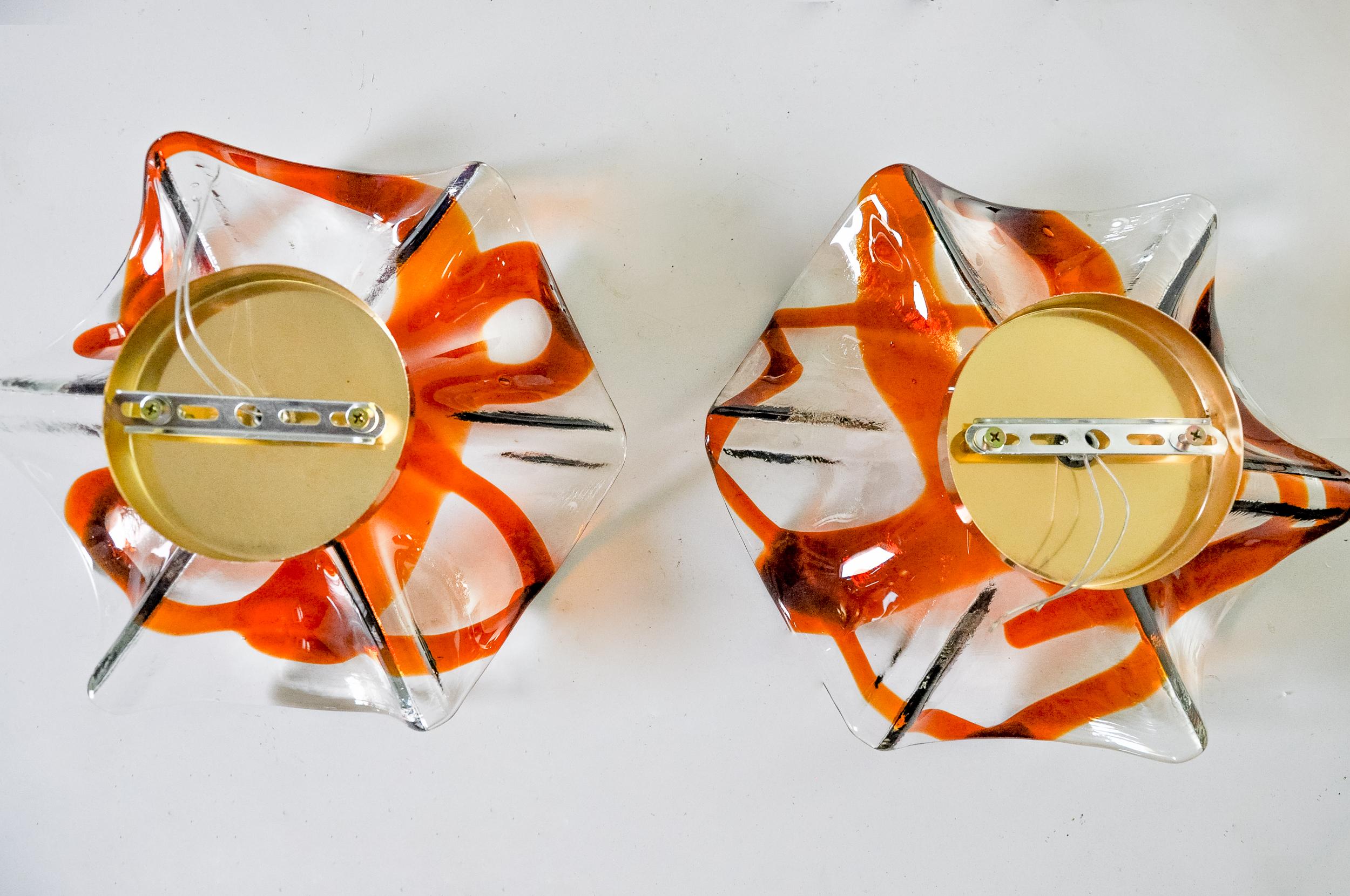 Pareja de apliques florales de La Murina, cristal de Murano naranja, Italia, 1970 Vidrio soplado en venta