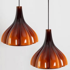 Pair of Flower shaped Brown Opaque Glass Pendants, Peill Putzler, 1970
