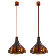 Pair of Flower shaped Brown Opaque Glass Pendants, Peill Putzler, 1970