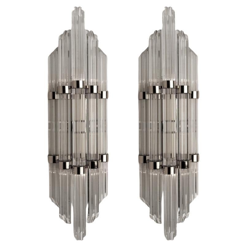 Pair of Flower Shaped Rod Glass and Chrome Wall Sconces in Style of Sciolari en venta