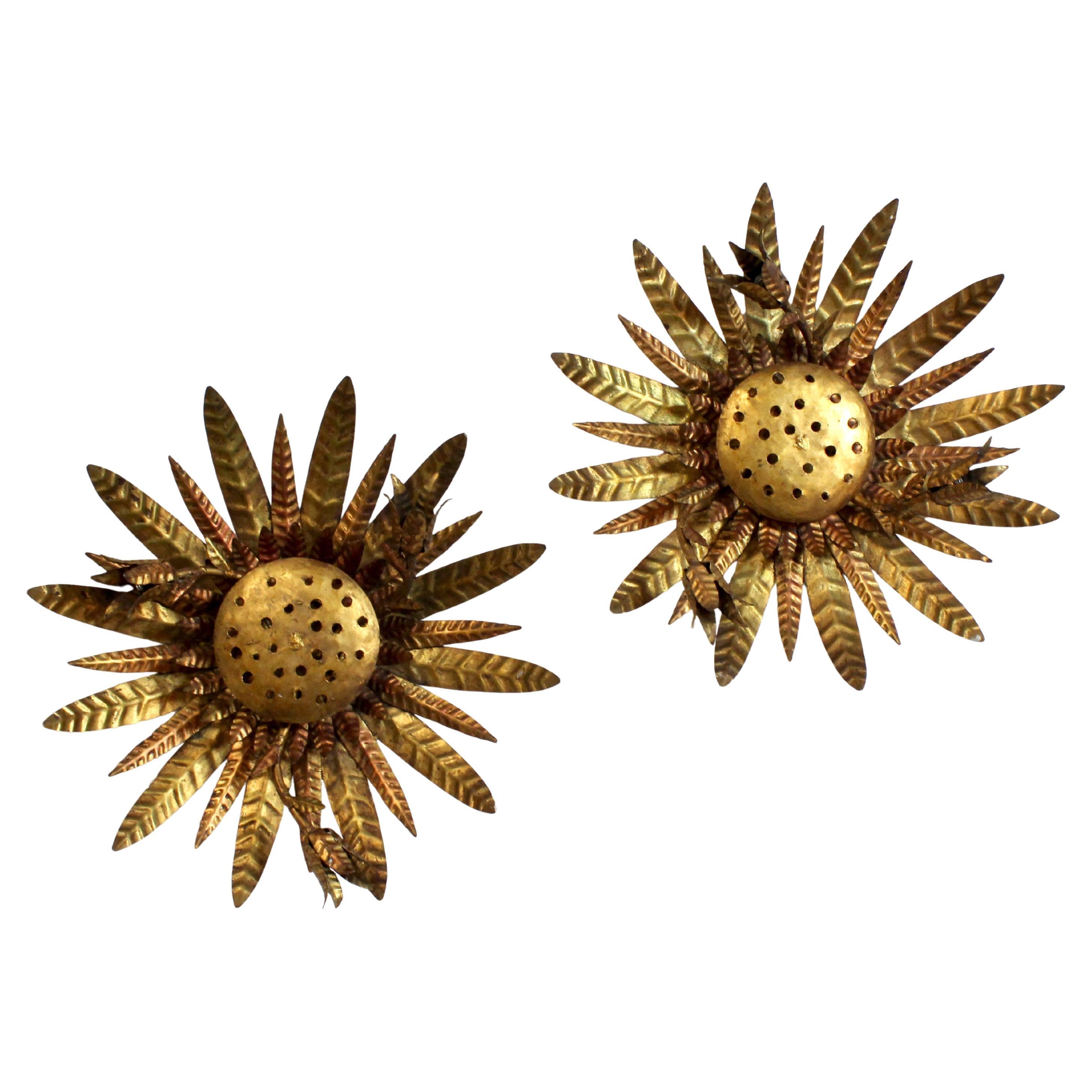 Pair of flower-shaped wall/ceiling sconces in gilt metal - c. 1950 - Spain