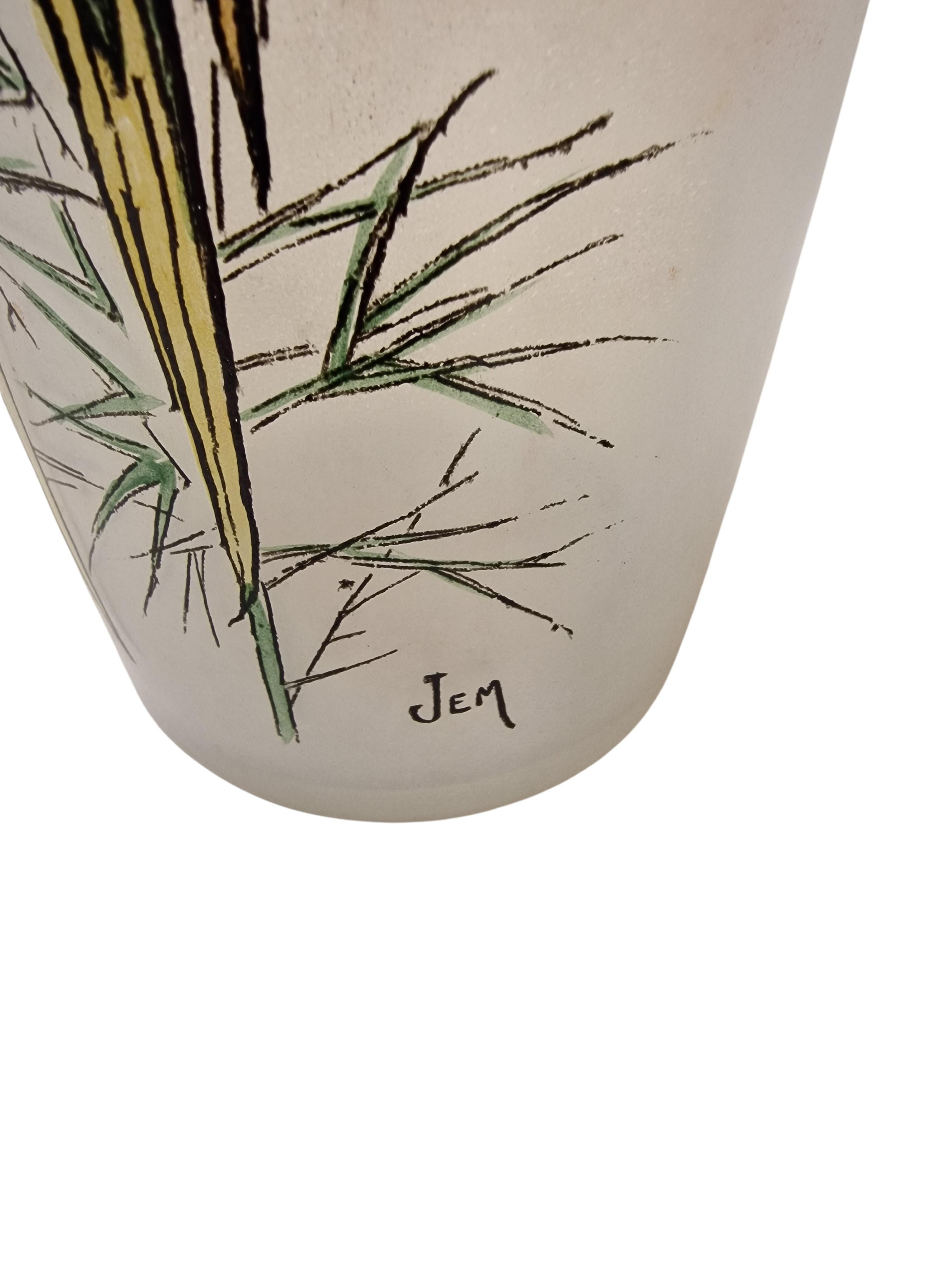French Pair of Flower Vases Legras signed, budgie bird decor, glass enamel, 1920 France For Sale