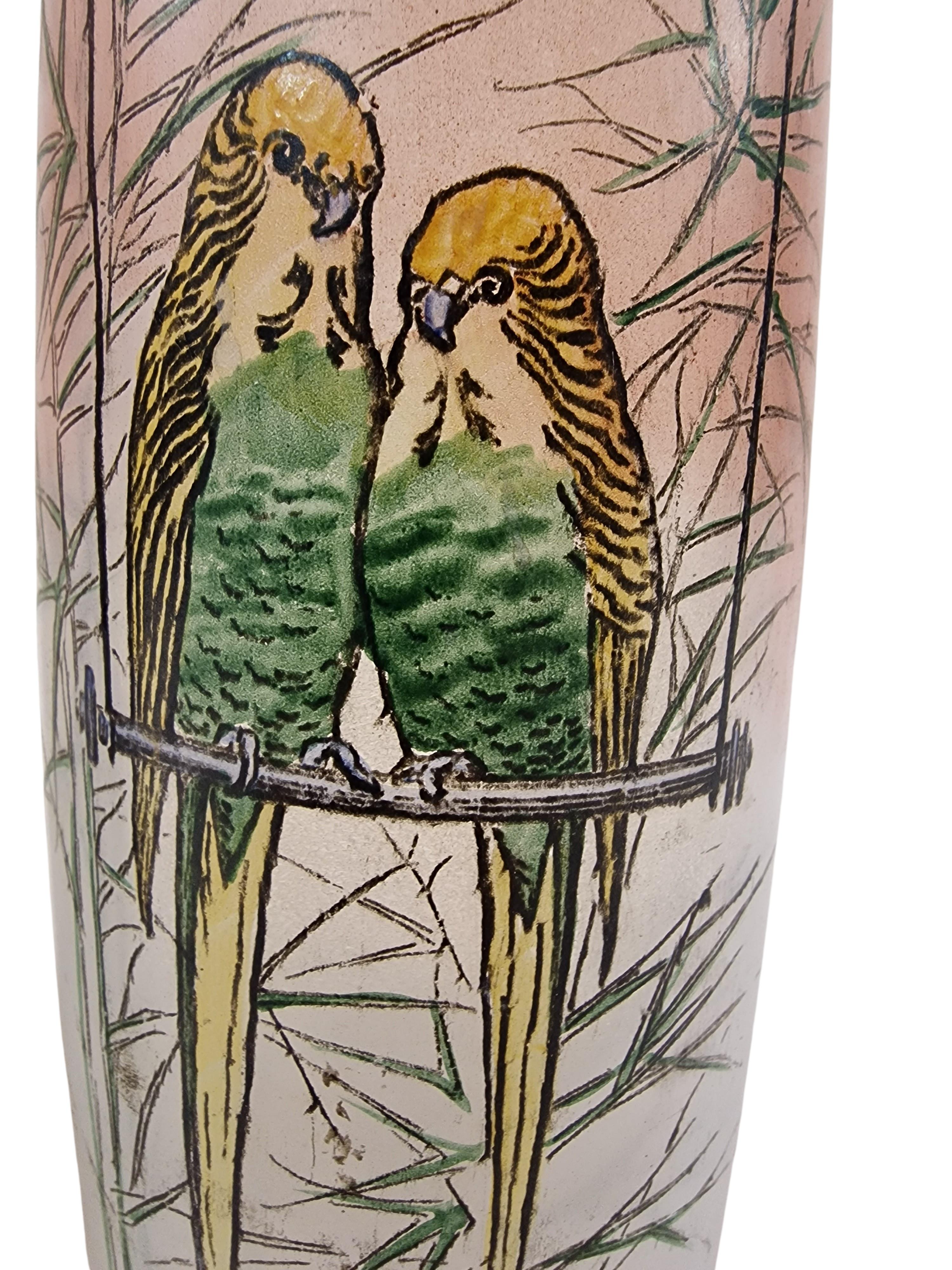 Hand-Painted Pair of Flower Vases Legras signed, budgie bird decor, glass enamel, 1920 France For Sale
