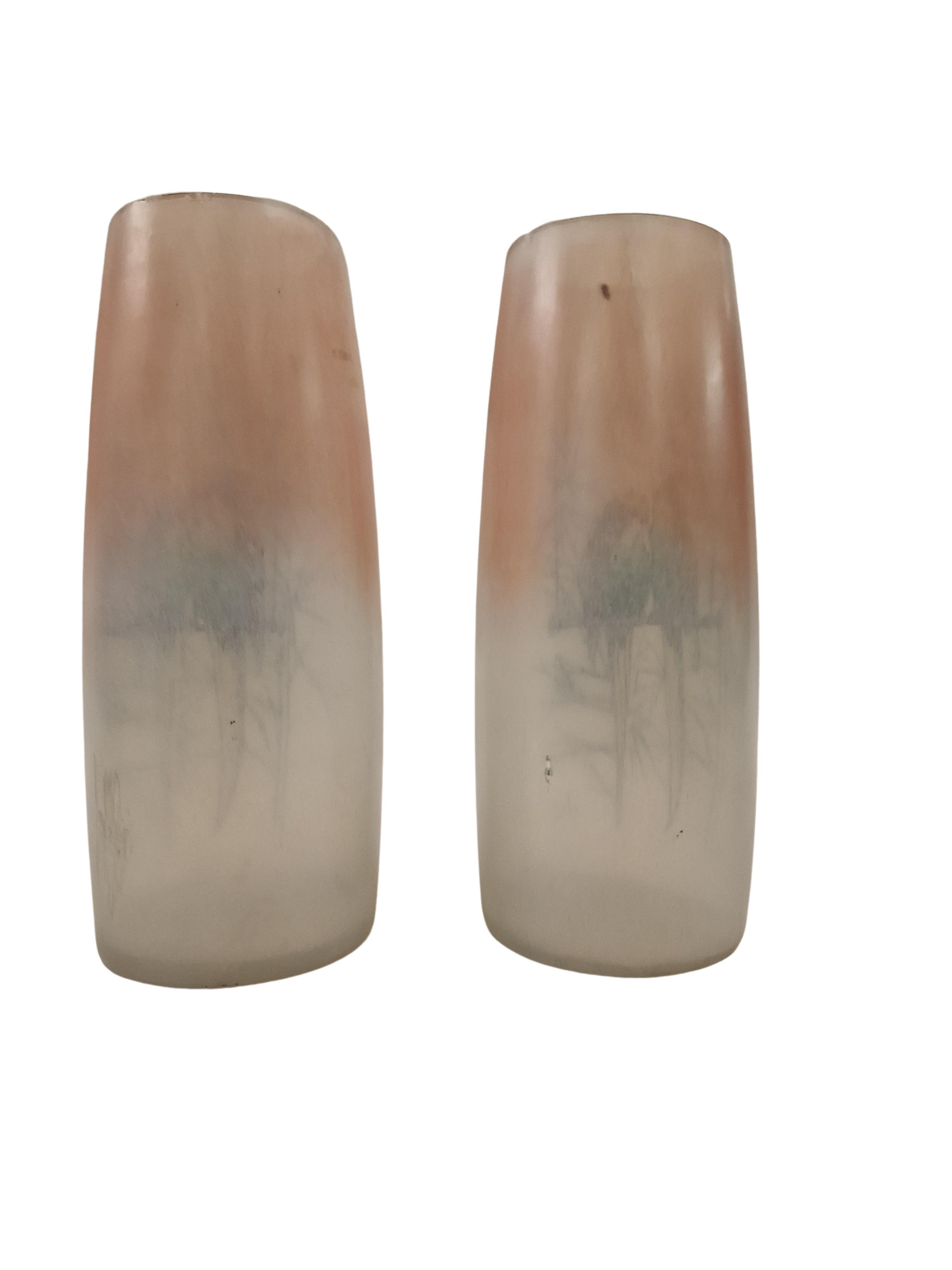 Hand-Painted Pair of Flower Vases Legras signed, budgie bird decor, glass enamel, 1920 France For Sale