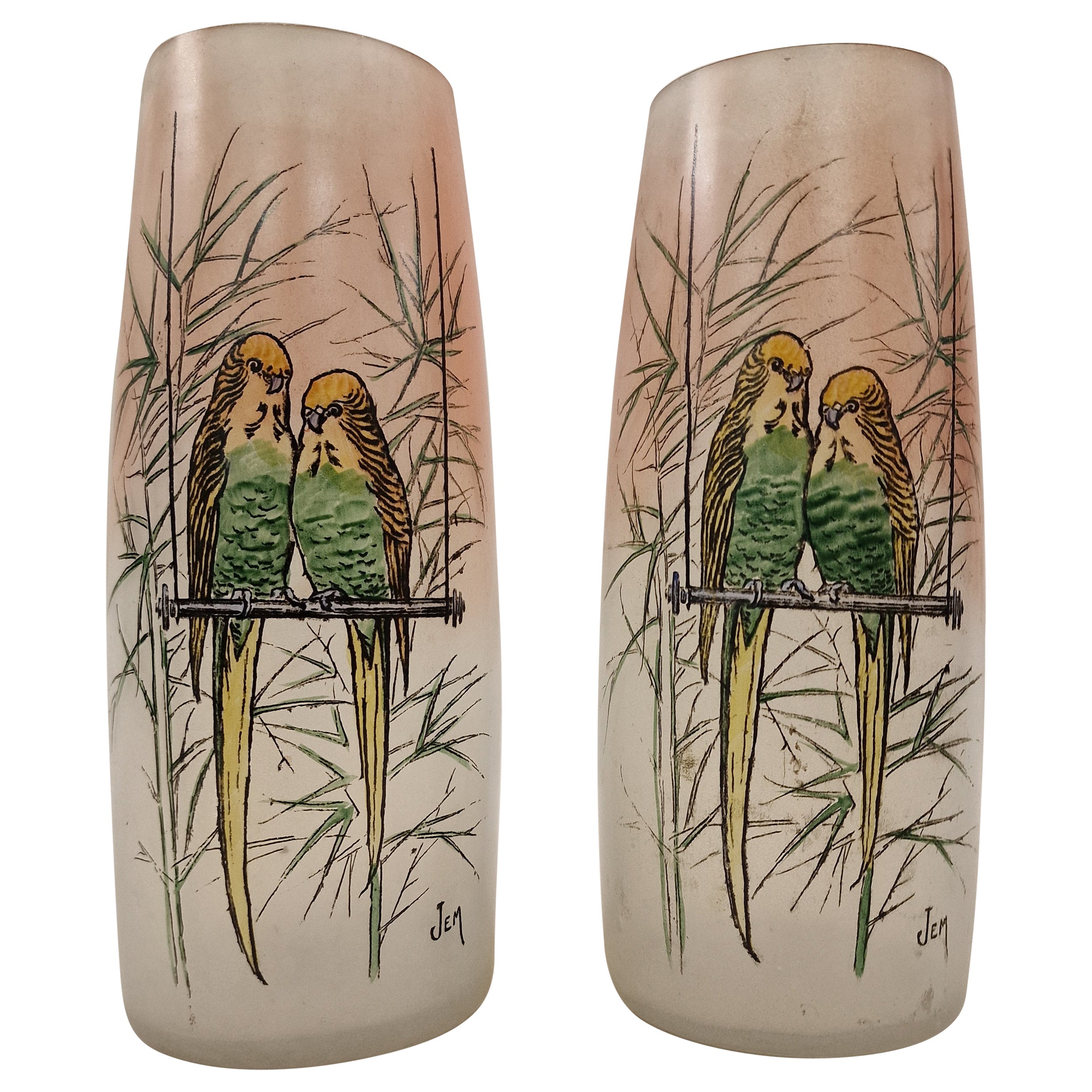 Pair of Flower Vases Legras signed, budgie bird decor, glass enamel, 1920 France