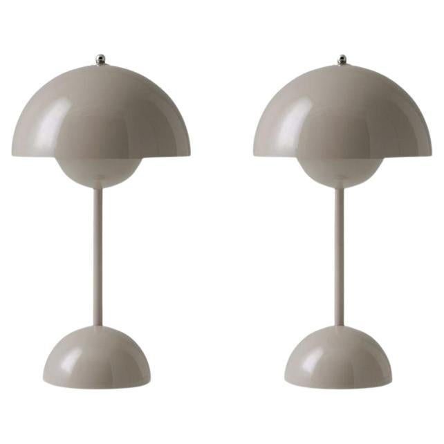 Pair of Flowerpot Vp9 Portable, Grey Beige, Table Lamp by Verner Panton for &T For Sale