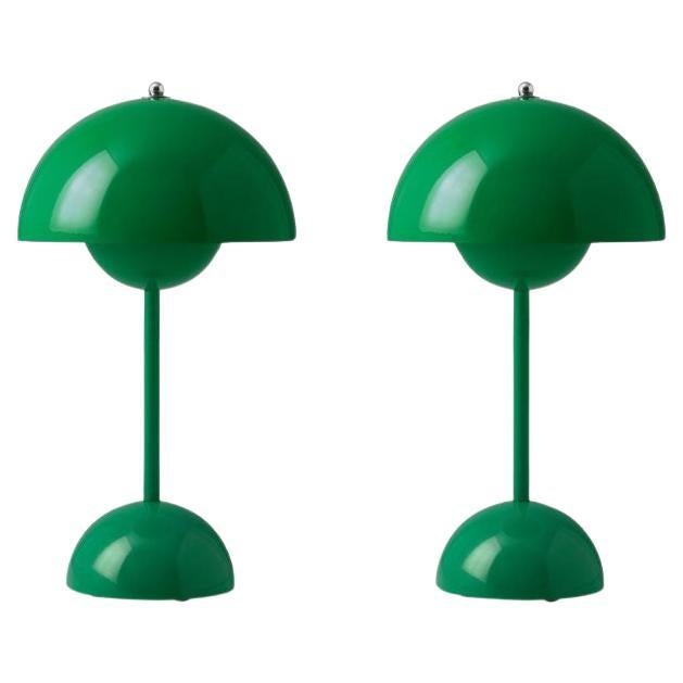 Pair of Flowerpot Vp9 Portable Signal Green Table Lamp by Verner Panton for &T For Sale