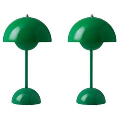 Pair of Flowerpot Vp9 Portable Signal Green Table Lamp by Verner Panton for &T