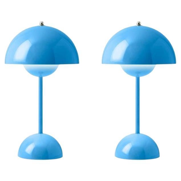 Pair of Flowerpot Vp9 Portable Swim Blue Table Lamp by Verner Panton for &T For Sale