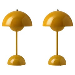 Pair of FlowerpotVp9 Portable Mustard Table Lamp by Verner Panton for &Tradition
