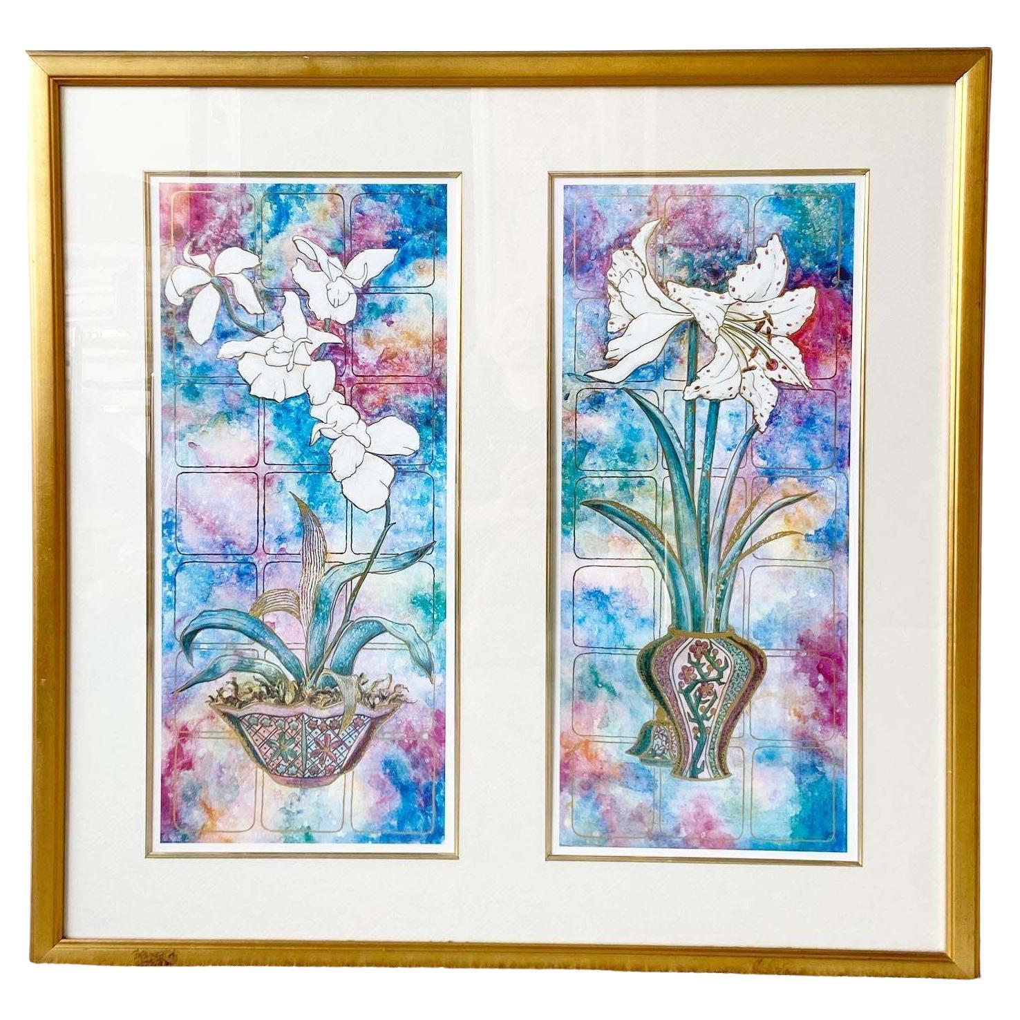 Pair of Flowers Gold Framed Art Print For Sale