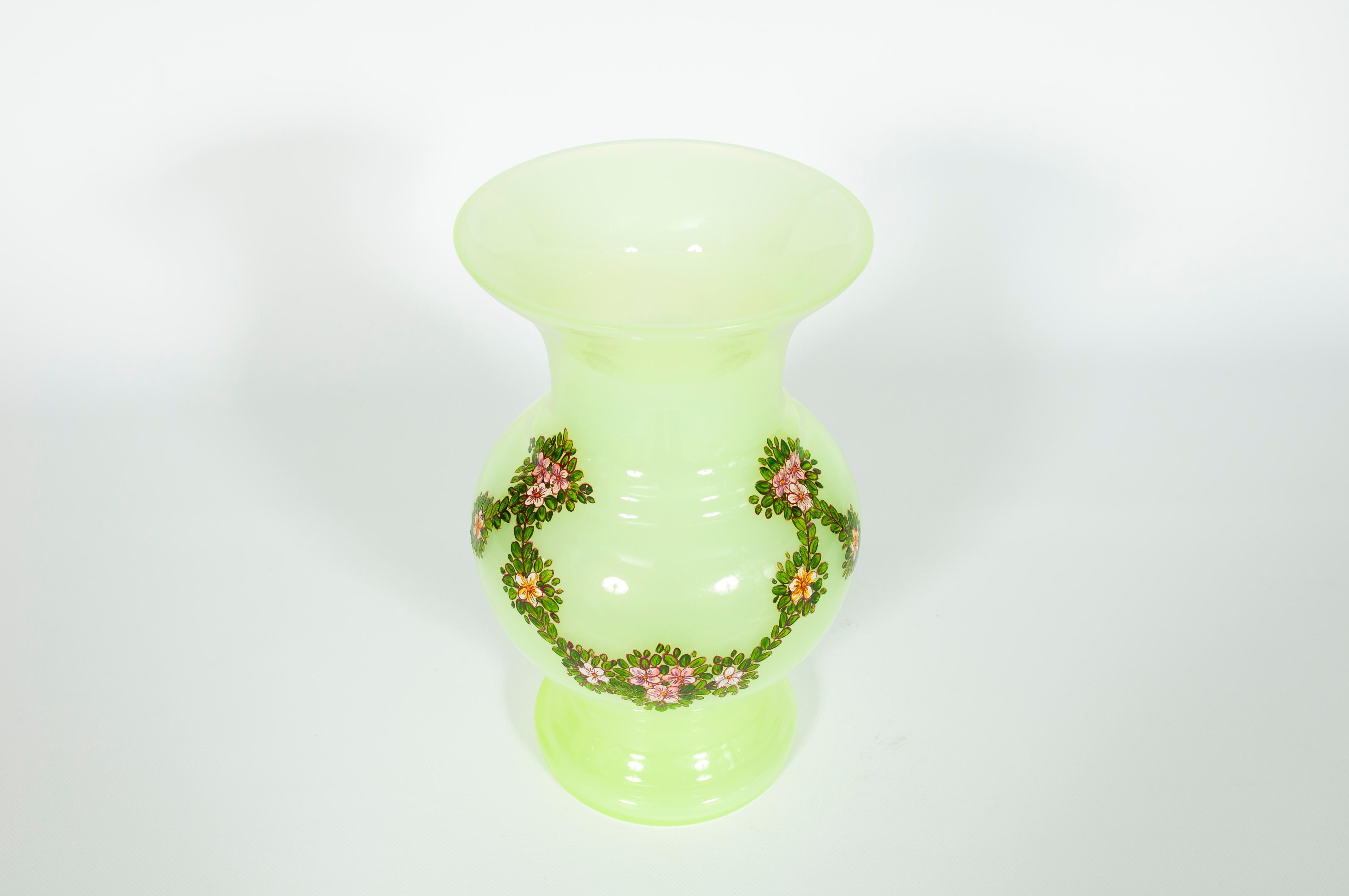 Pair of Fluorescent Yellow Murano Glass Vases Hand Painted and Decorated 1990s For Sale 4