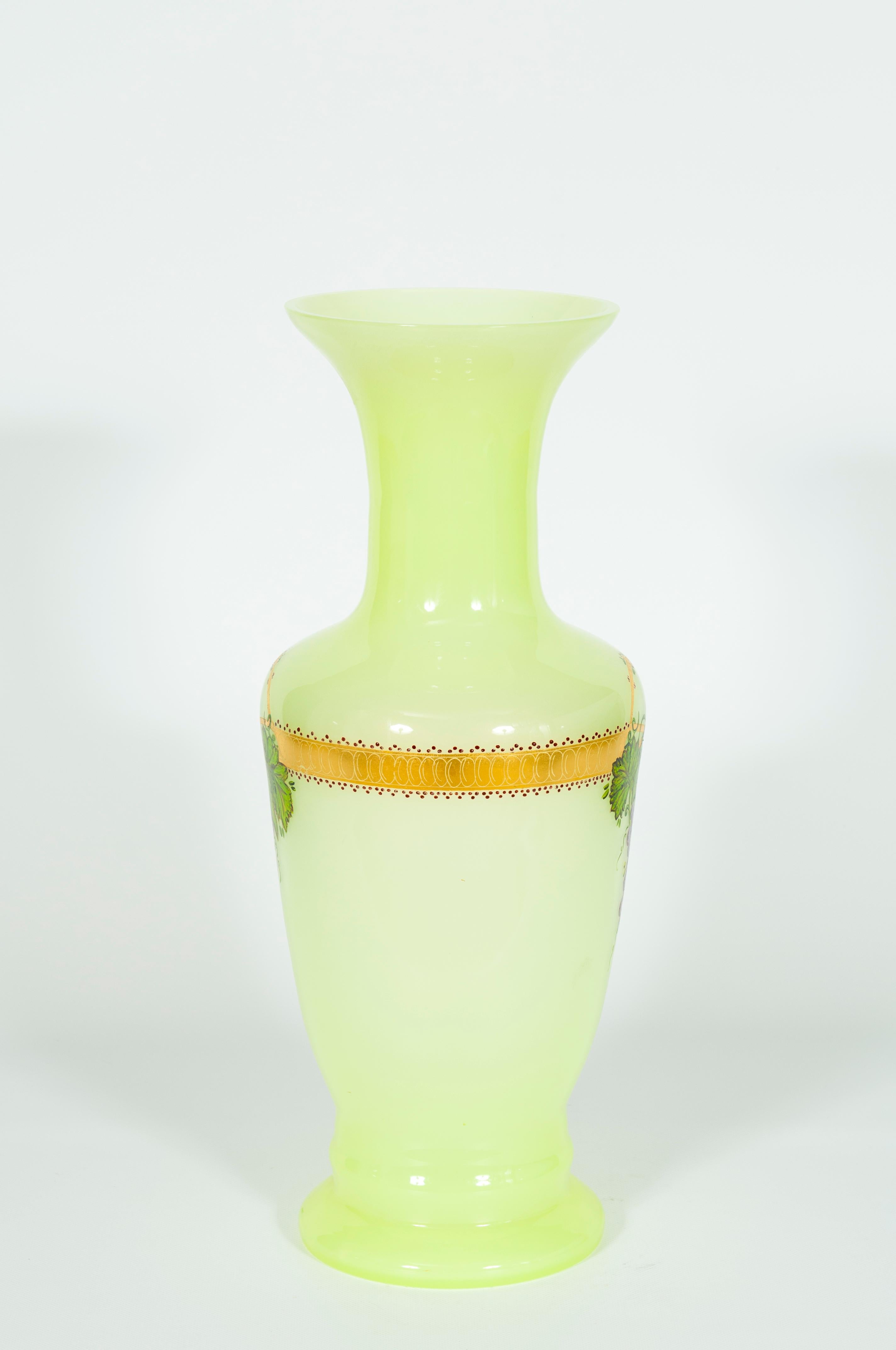Pair of Fluorescent Yellow Murano Glass Vases Hand Painted and Decorated 1990s For Sale 13