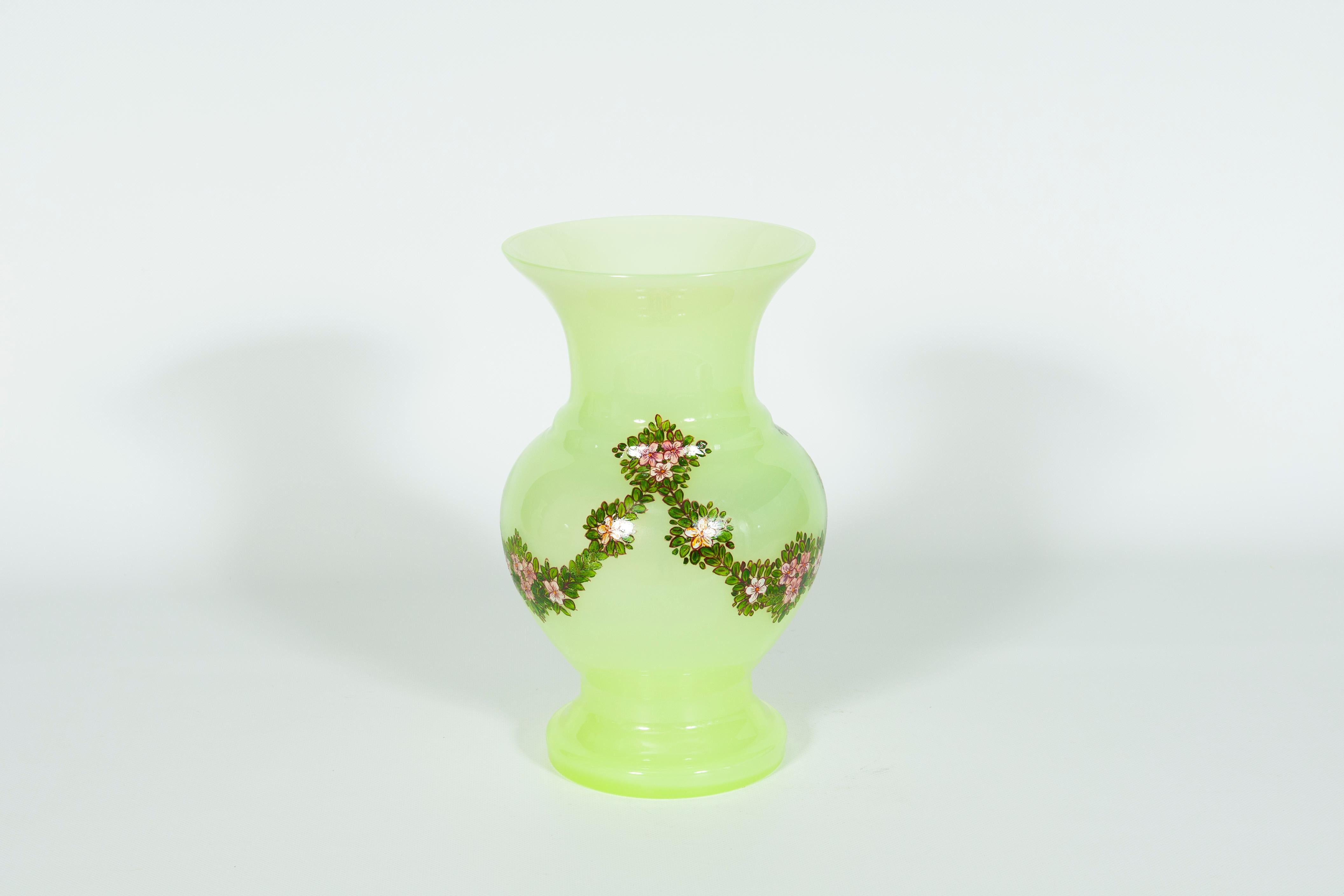 Art Deco Pair of Fluorescent Yellow Murano Glass Vases Hand Painted and Decorated 1990s For Sale
