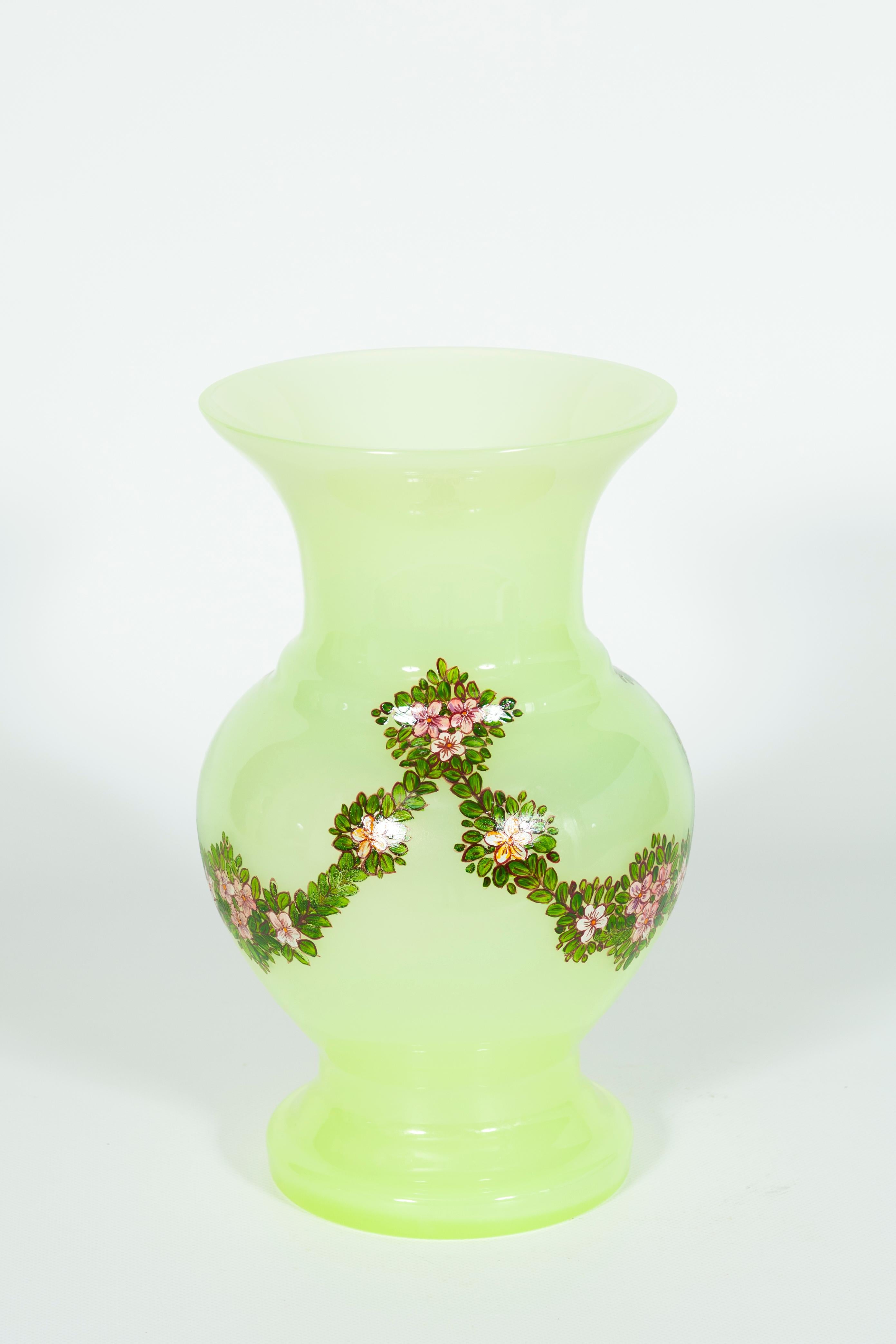 Italian Pair of Fluorescent Yellow Murano Glass Vases Hand Painted and Decorated 1990s For Sale
