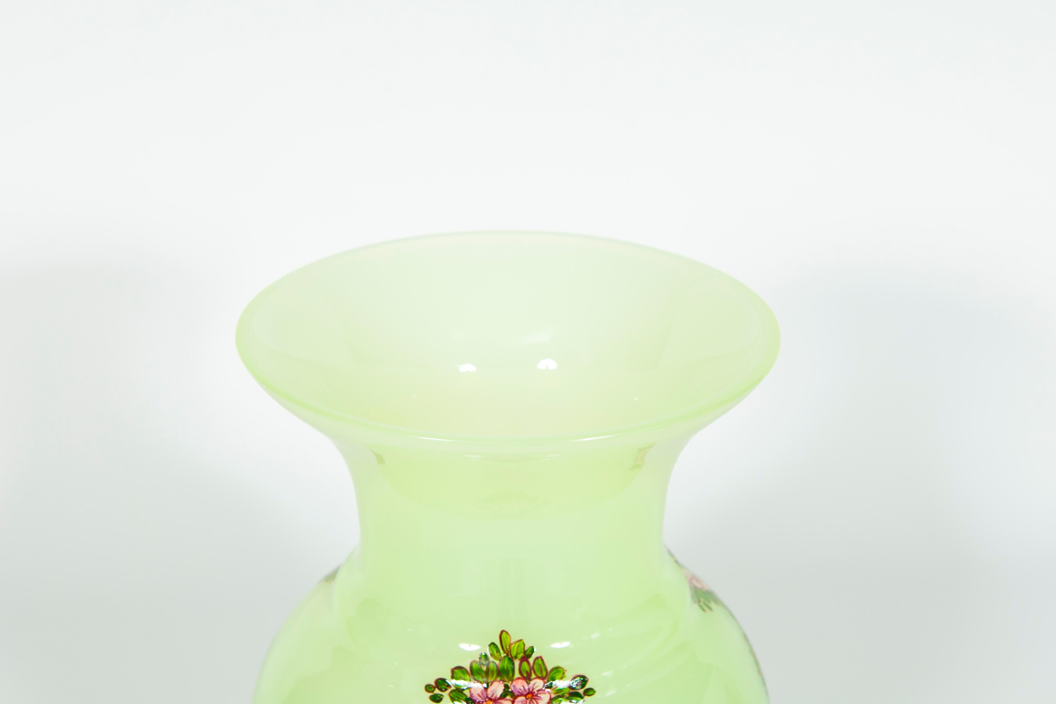 Hand-Crafted Pair of Fluorescent Yellow Murano Glass Vases Hand Painted and Decorated 1990s For Sale