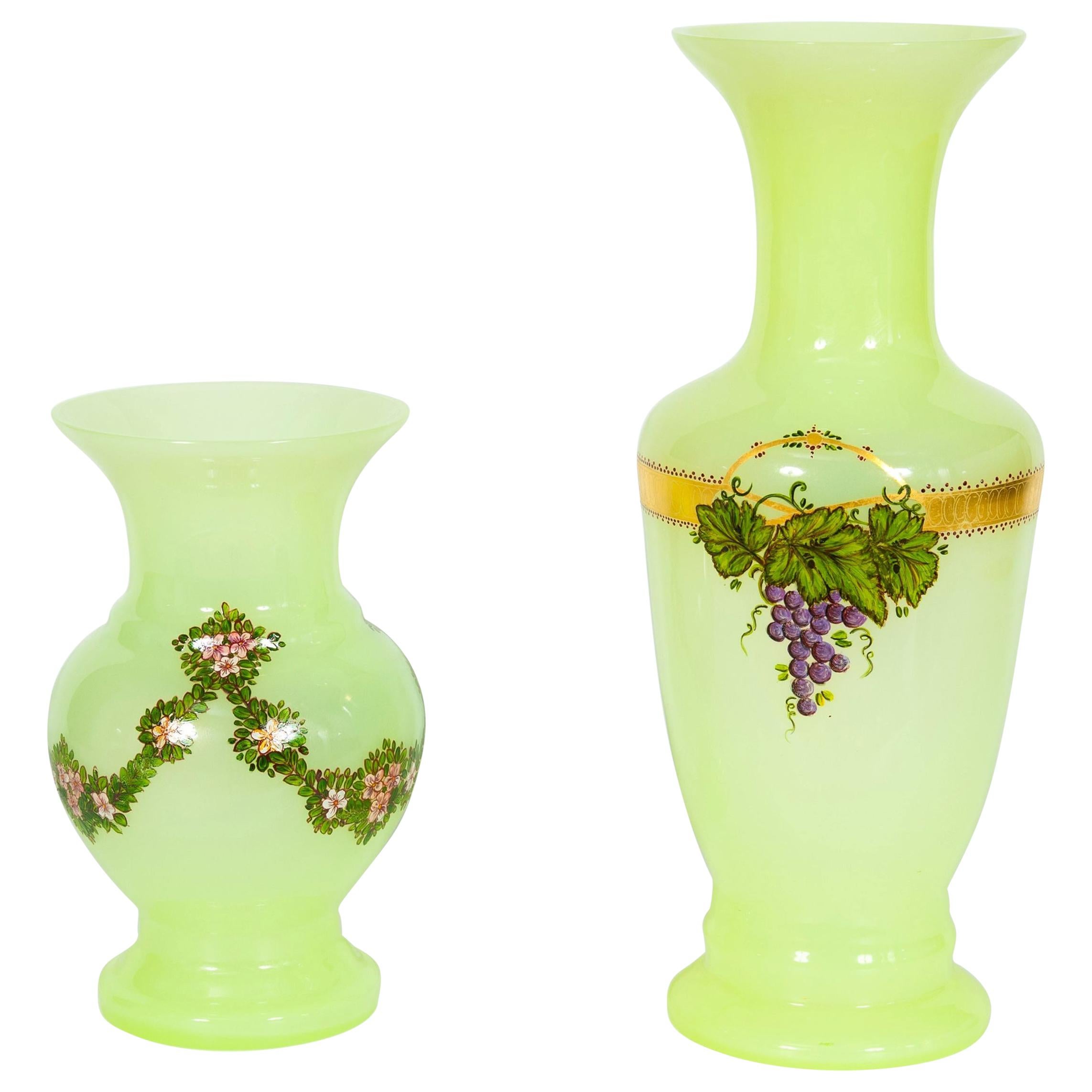 Pair of Fluorescent Yellow Murano Glass Vases Hand Painted and Decorated 1990s