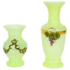 Pair of Fluorescent Yellow Murano Glass Vases Hand Painted and Decorated, 1990s