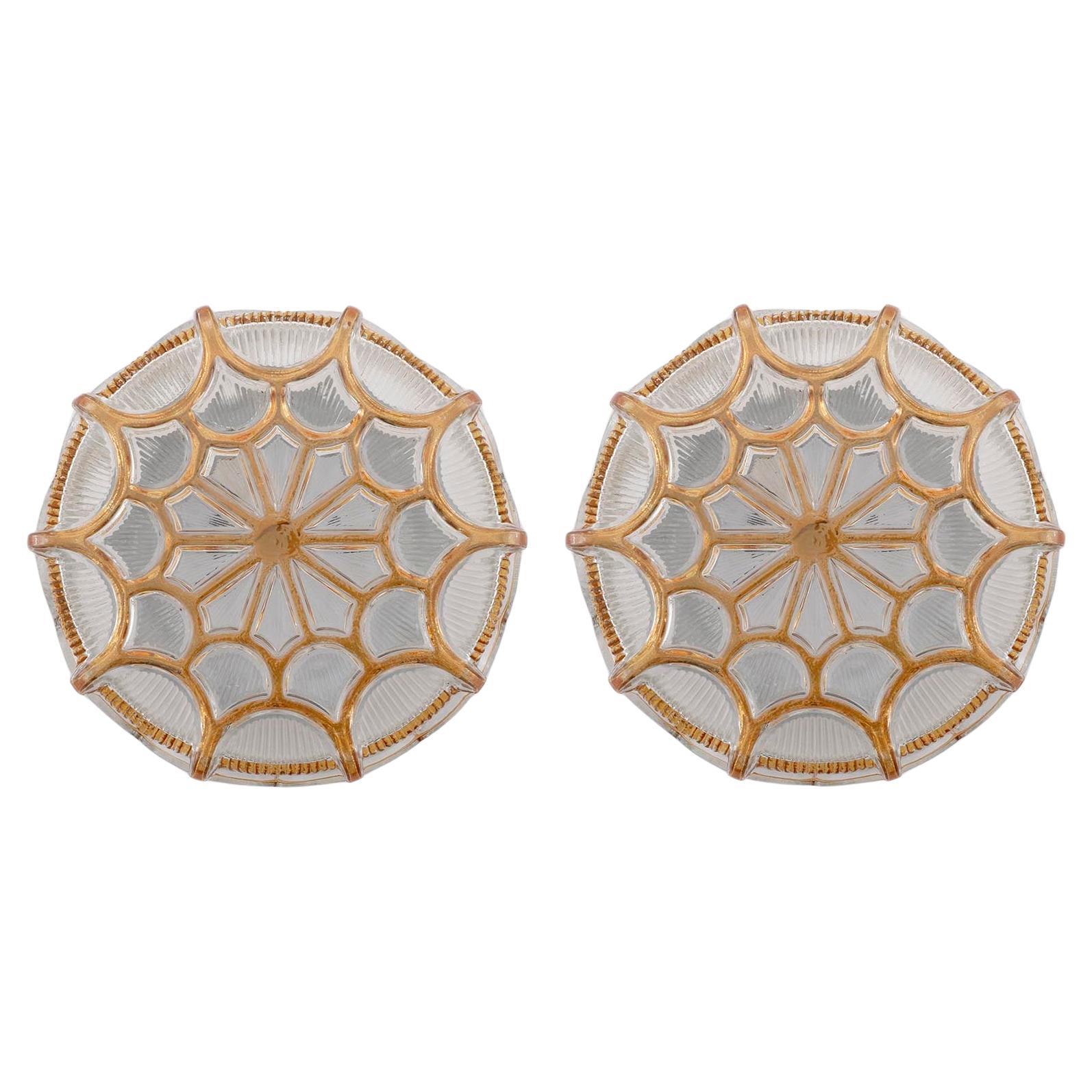 Pair of Flush Mount Light Fixtures or Sconces, Amber Orange Glass, 1970