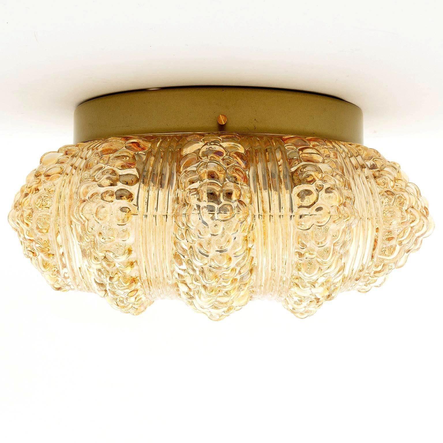 Mid-20th Century Pair of Flush Mount Lights or Sconces, Amber Tone Bubble Glass, 1970