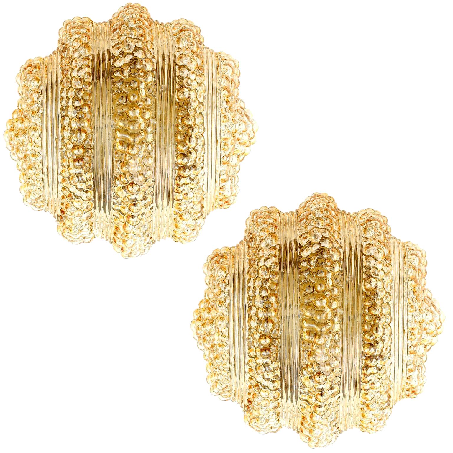 Pair of Flush Mount Lights or Sconces, Amber Tone Bubble Glass, 1970