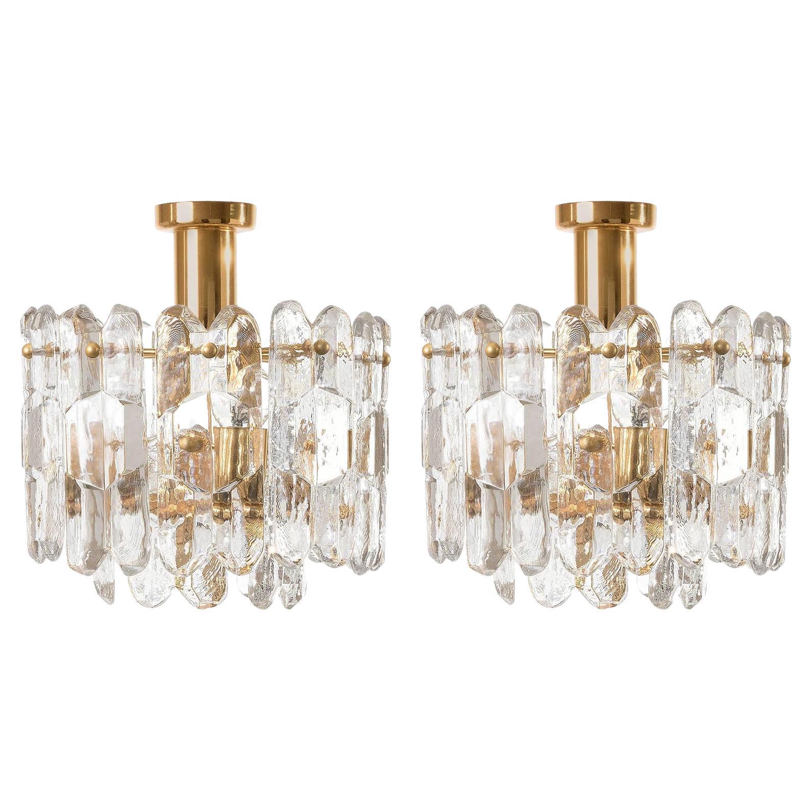 Pair of Flush Mount Lights 'Palazzo' by Kalmar, Gilt Brass Glass, 1970 For Sale