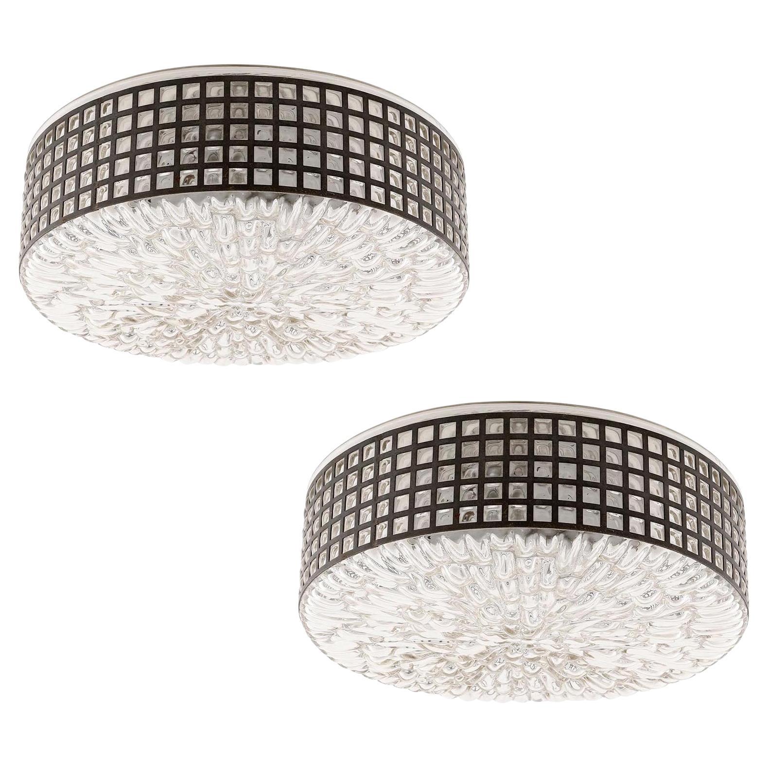 Pair of Flush Mount Lights Sconces, Rupert Nikoll, Glass Patinated Metal, 1950s