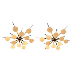 Pair of Flush Mount Starburst Ceiling Light Brass and Glass