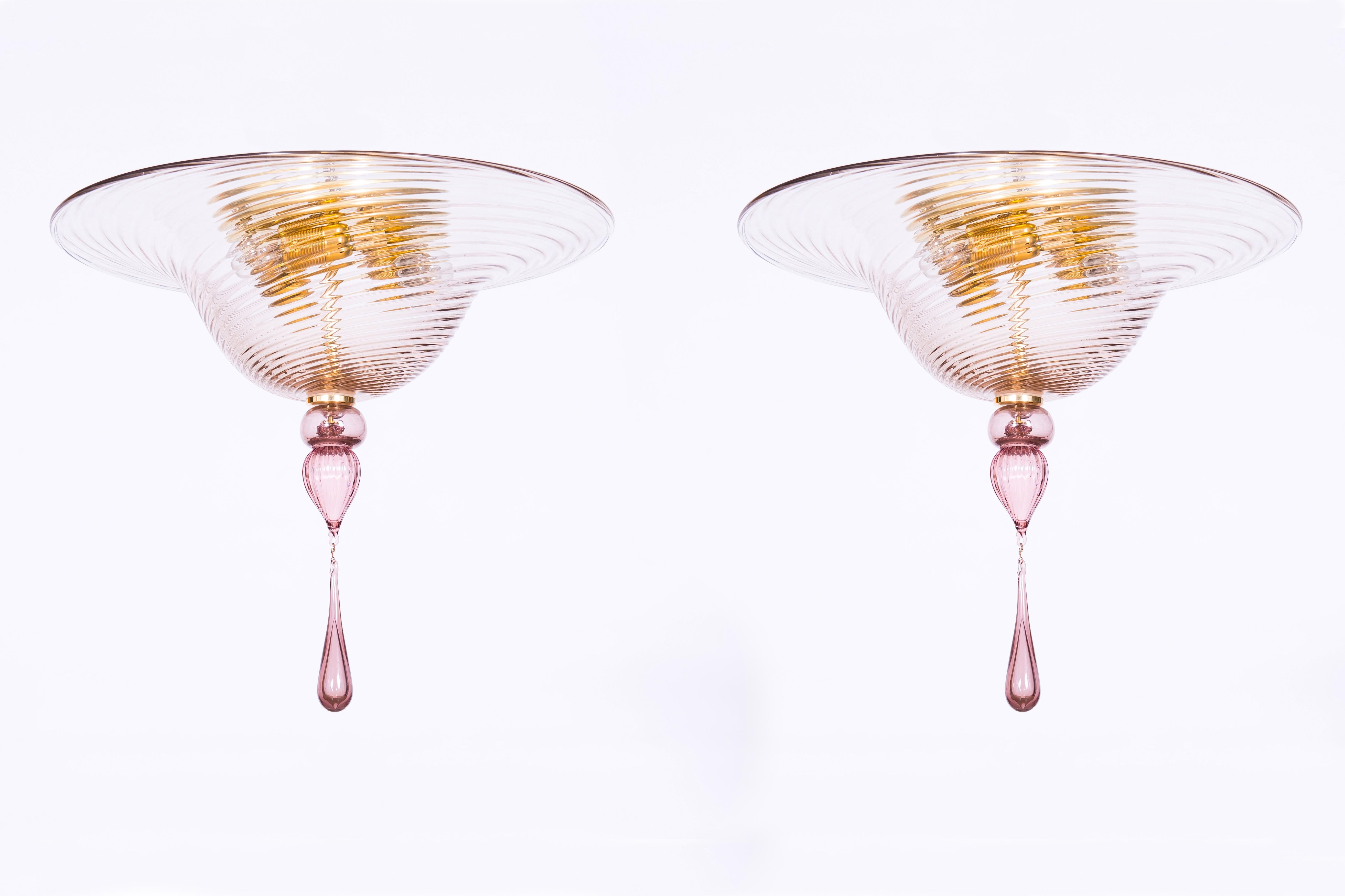 Pair of Flush Mounts in Pink Murano Glass with Glass Drop Italy 21st Century For Sale