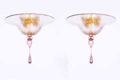 Pair of Flush Mounts in Pink Murano Glass with Glass Drop Italy 21st Century