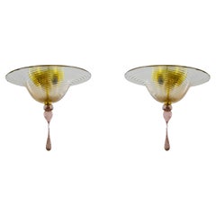 Pair of Flush Mounts in amethyst Murano Glass with Glass Drop Italy 21st Century