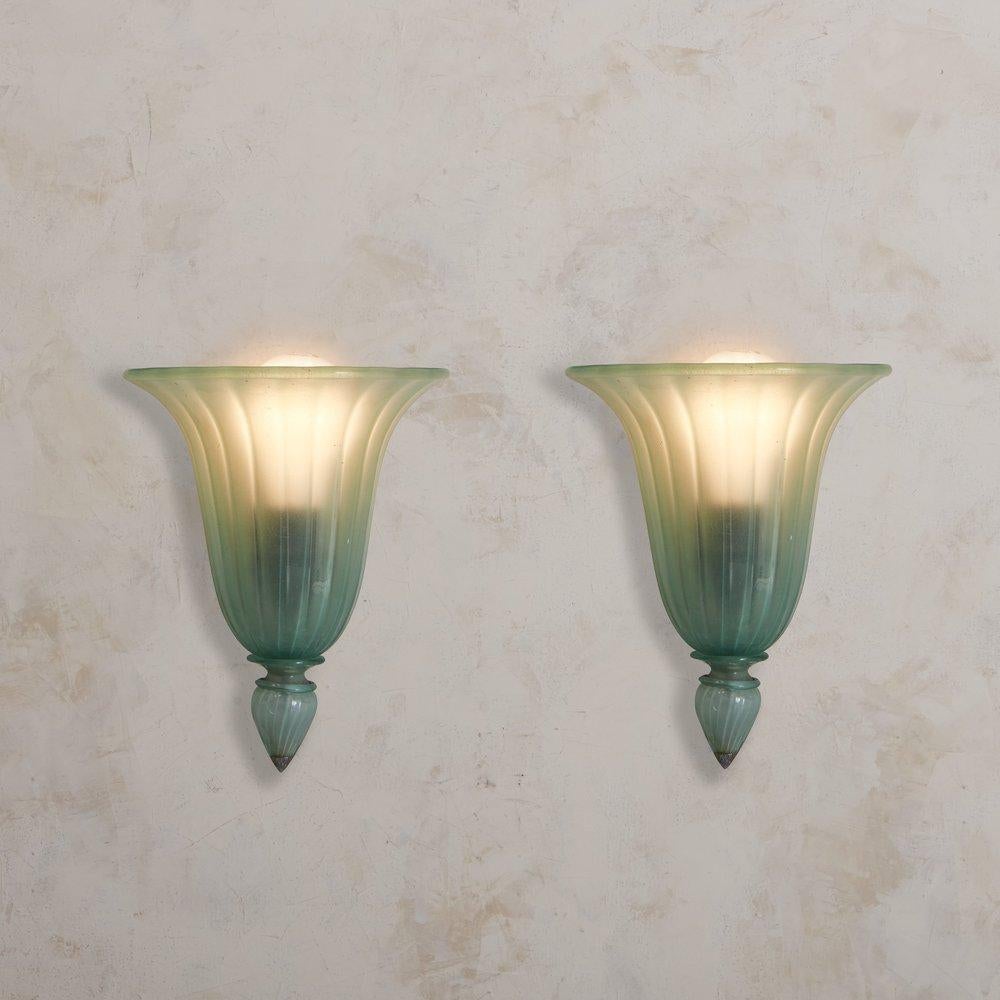 Art Deco Pair of Fluted Blue Murano Glass Sconces, Italy, 1920s