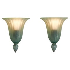 Antique Pair of Fluted Blue Murano Glass Sconces, Italy, 1920s