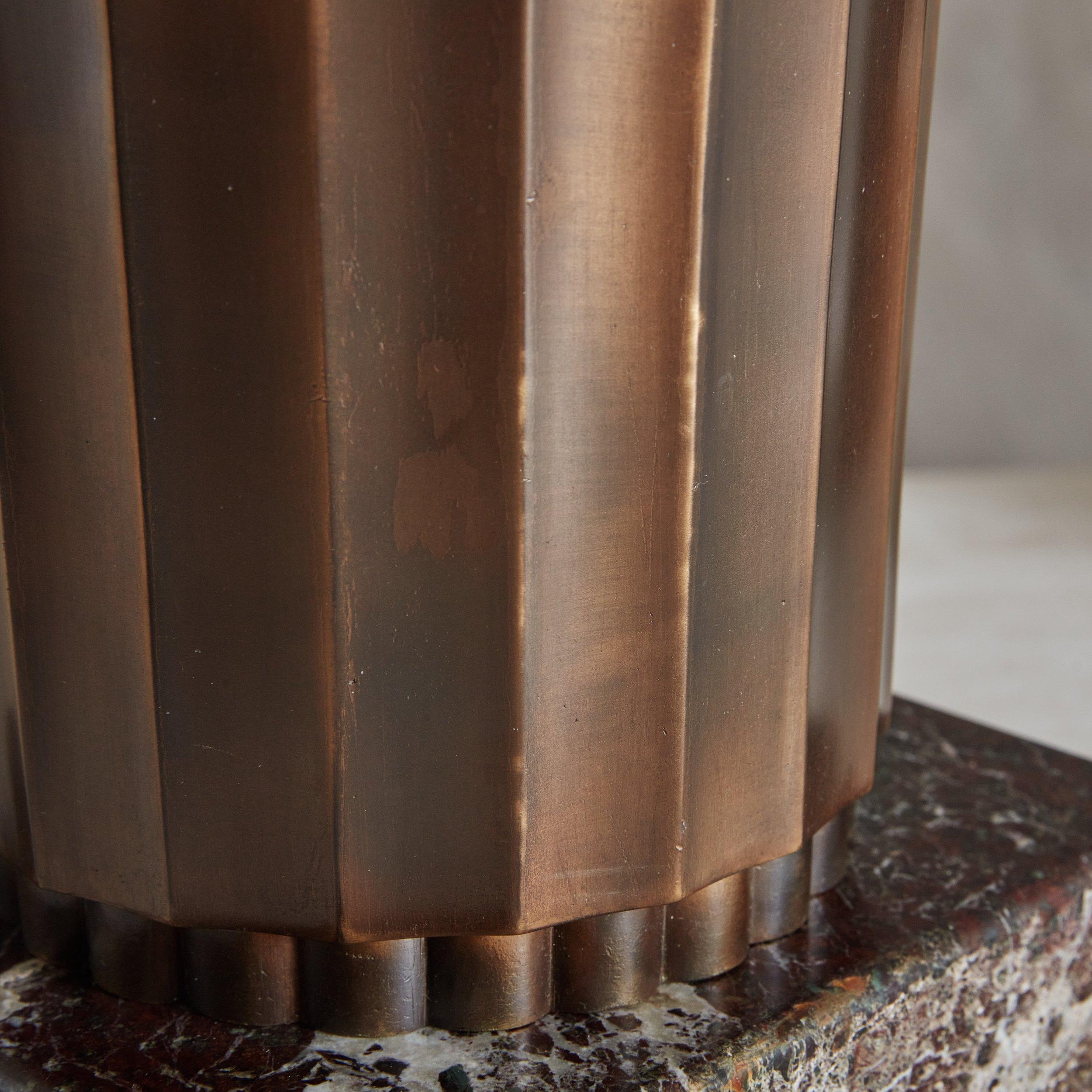 Pair of Fluted Bronze Table Lamps on Red Marble Bases, Italy 20th Century 6