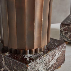 Pair of Fluted Bronze Table Lamps on Red Marble Bases, Italy 20th Century
