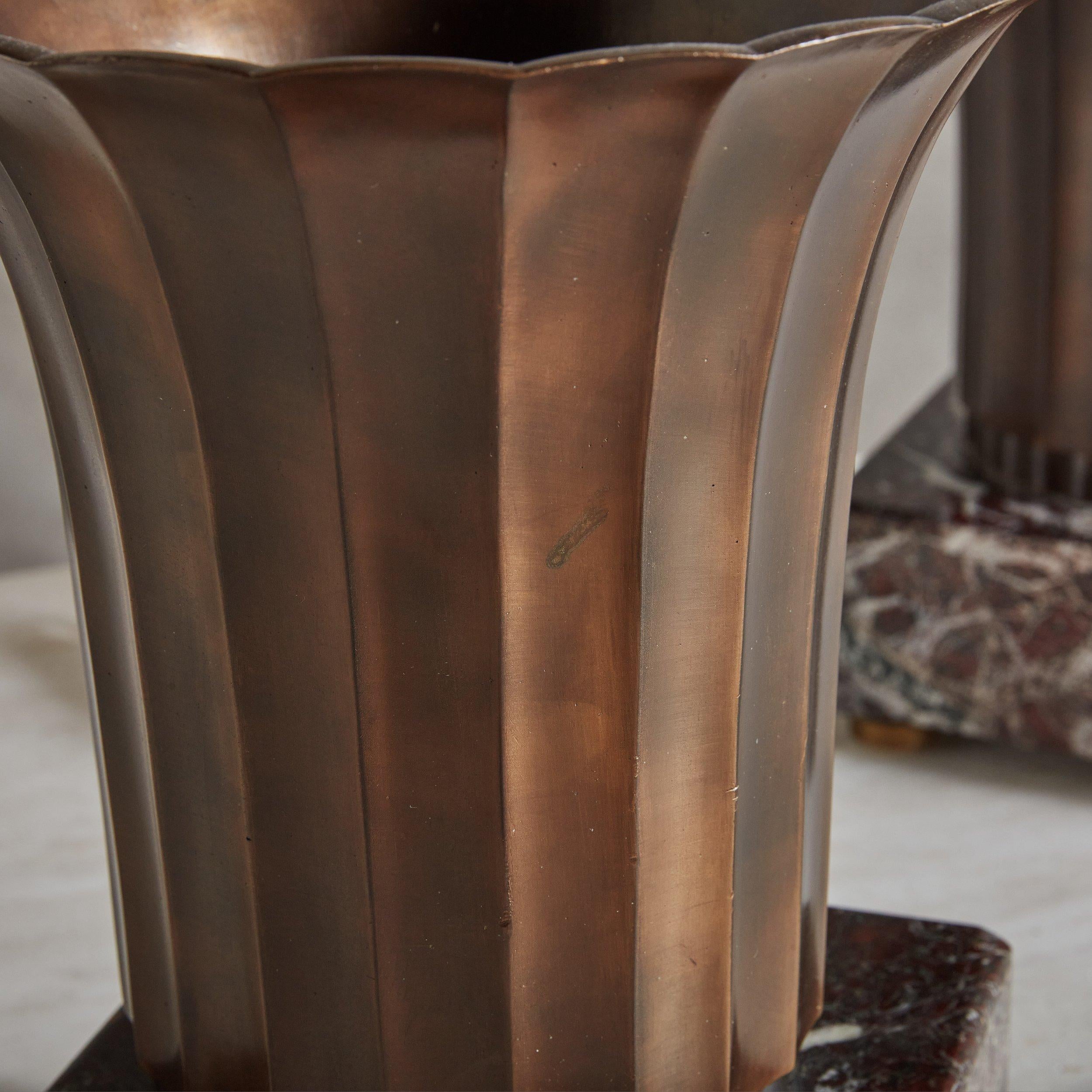 Pair of Fluted Bronze Table Lamps on Red Marble Bases, Italy 20th Century 2